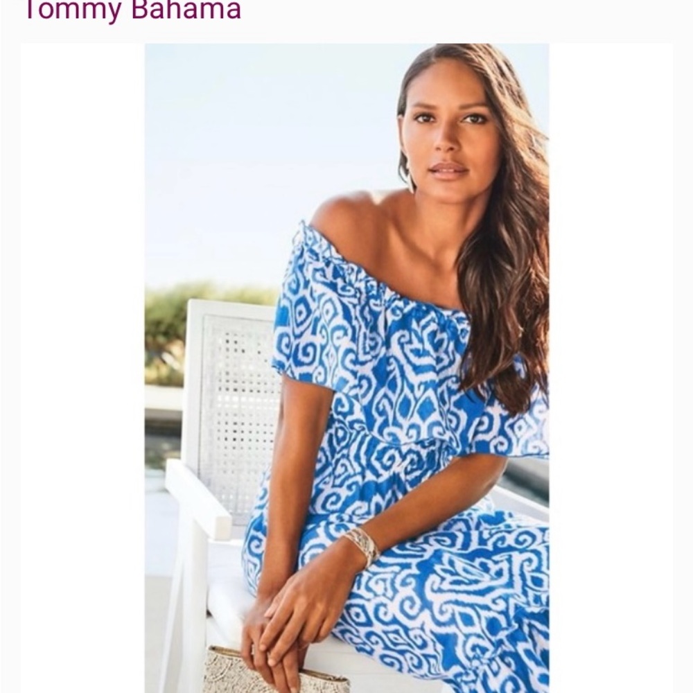 Tommy Bahama Blue and White Off-Shoulder Dress